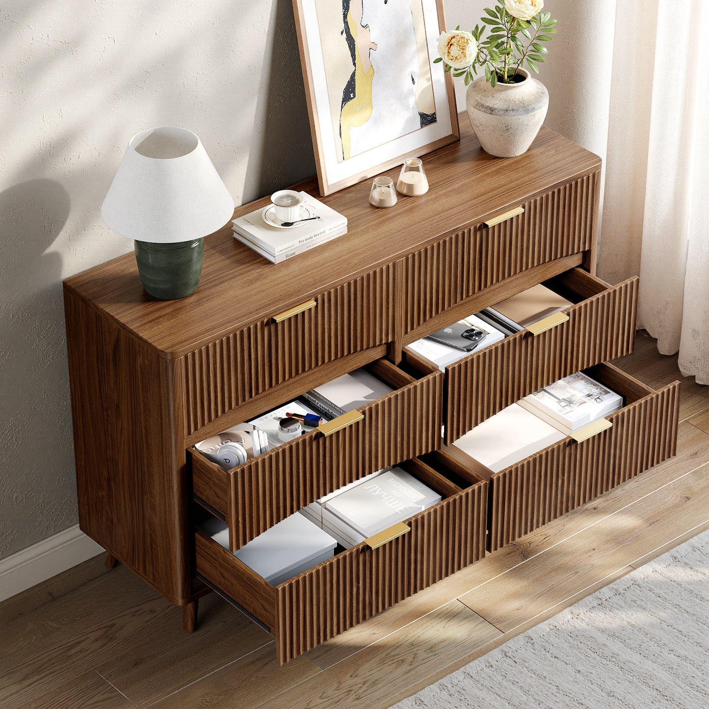 Evermagin 54" Wide Fluted 6 Drawer Dresser, Mid Century Modern Curved Dresser, Light Wood Chest of Drawers for Bedroom, Living Room and Entryway, Walnut
