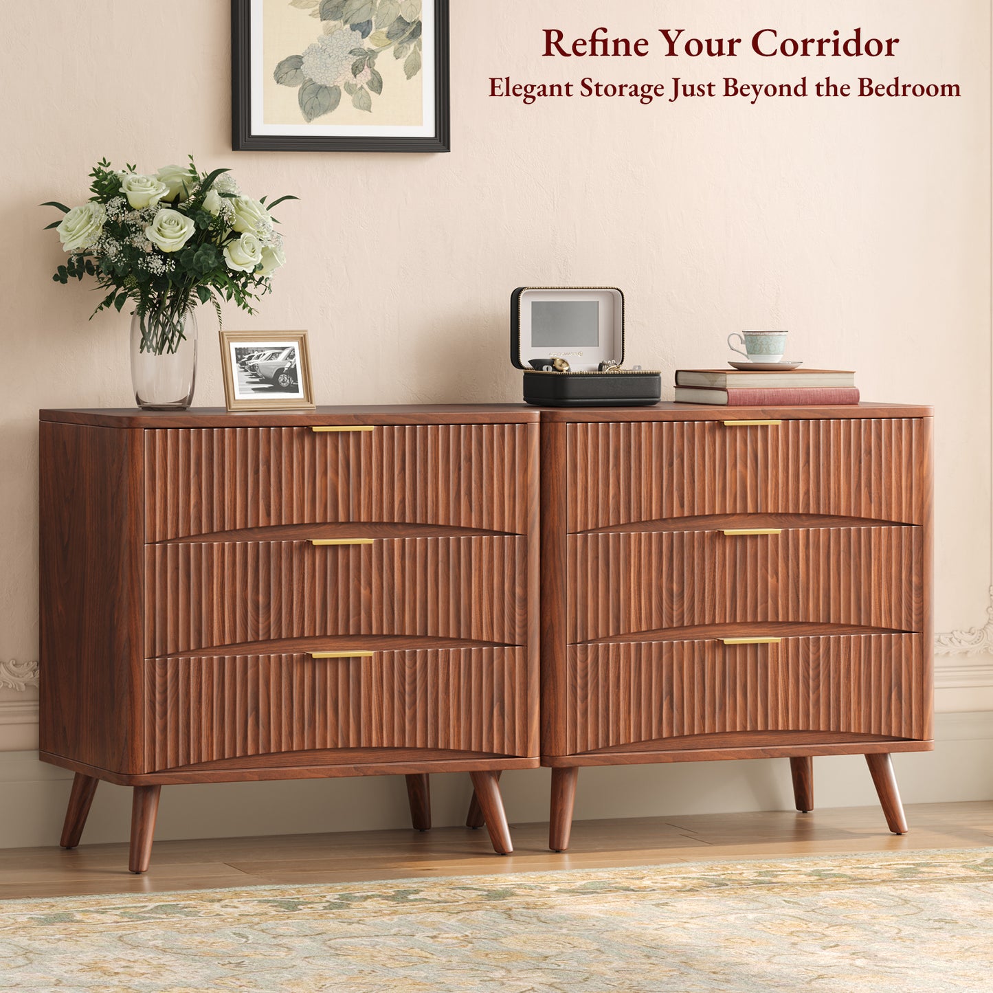 31.5W×29“H Large Fluted Nightstands Set of 2, 3 Drawer Light Wood Night Stand Bedside Table, Mid Century Modern Small Dresser for Bedroom, Natural Oak