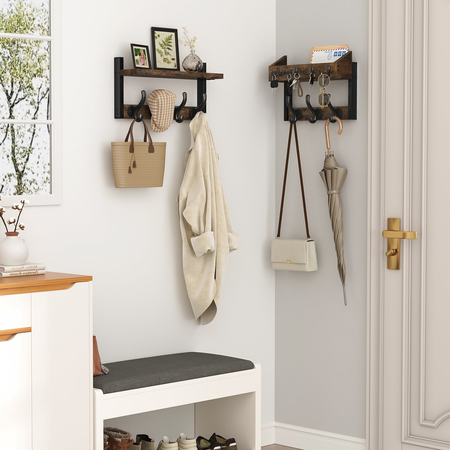 Evermagin 29" Coat Rack Wall Mount with Shelf, 4 in 1 Coat and Key Hanger with 11 Metal Hooks, Entryway Wall Mounted Shelf with Mail Holder for Living Room, Bedroom