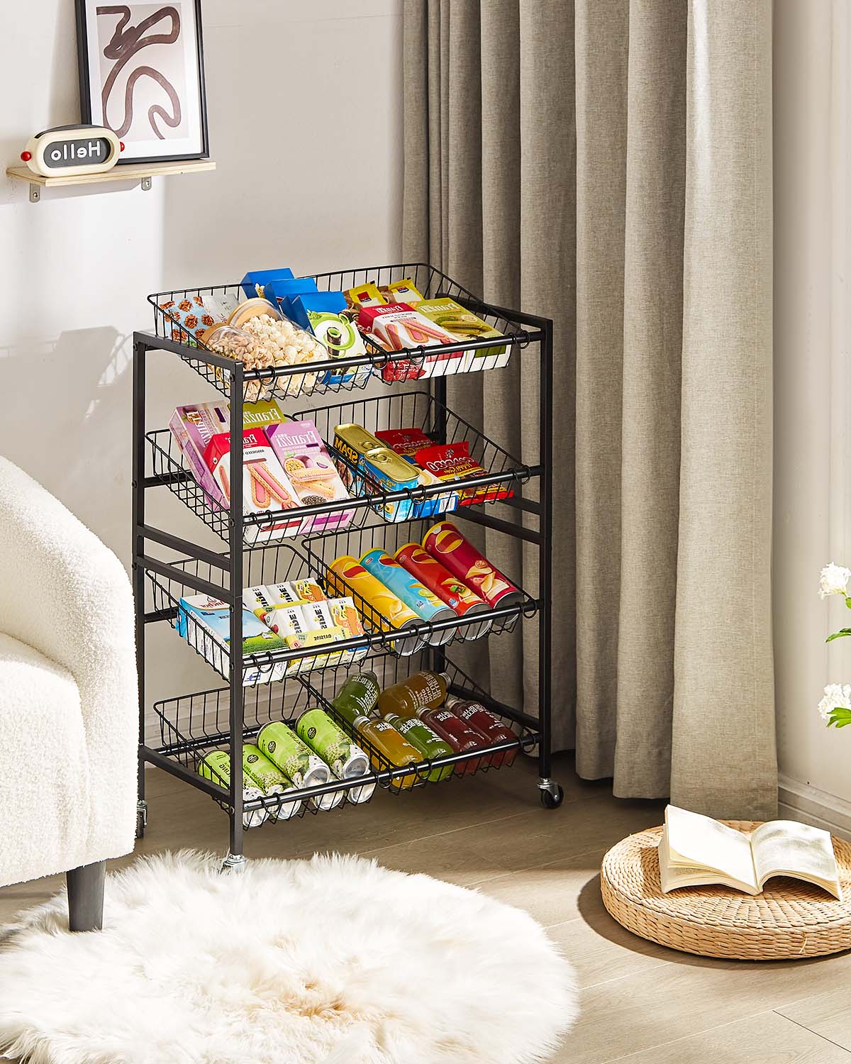 Evermagin Kitchen Storage Cart, Rolling Snack Cart, 25.2''W 4 Tier Fruit Basket Stand, Metal Pantry Storage with Stackable Wire Basket, Black