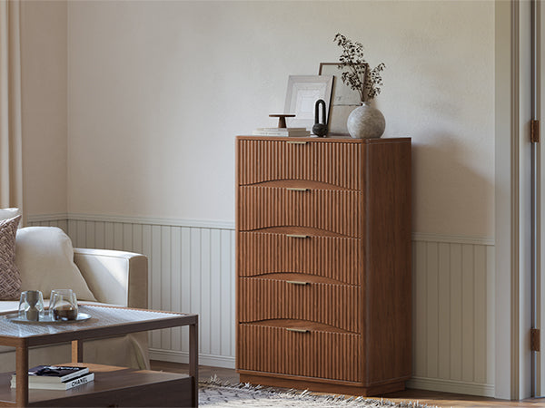 Evermagin Fluted 5 Drawers Dresser, 47" Tall Wooden Dressers Storage Organizer,Modern Chest of Drawers for Bedroom with Deep Storage, Living Room,Entryway, Walnut