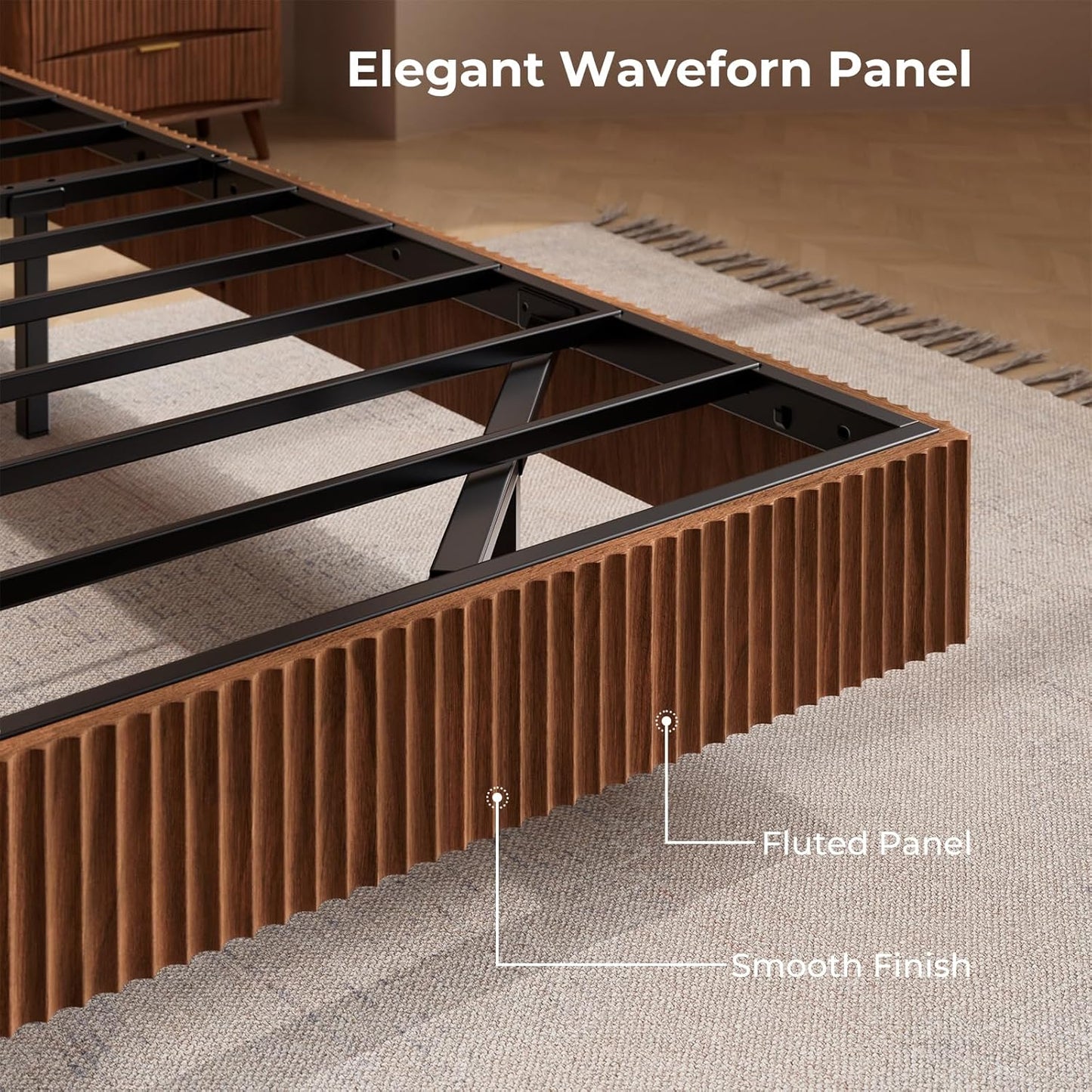 Walnut Queen Floating Bed Frame with led Lights, Mid Century Modern Fluted Floating Platform Bed No Headboard, Heavy Duty Metal Float Bedframe No Box Spring Needed