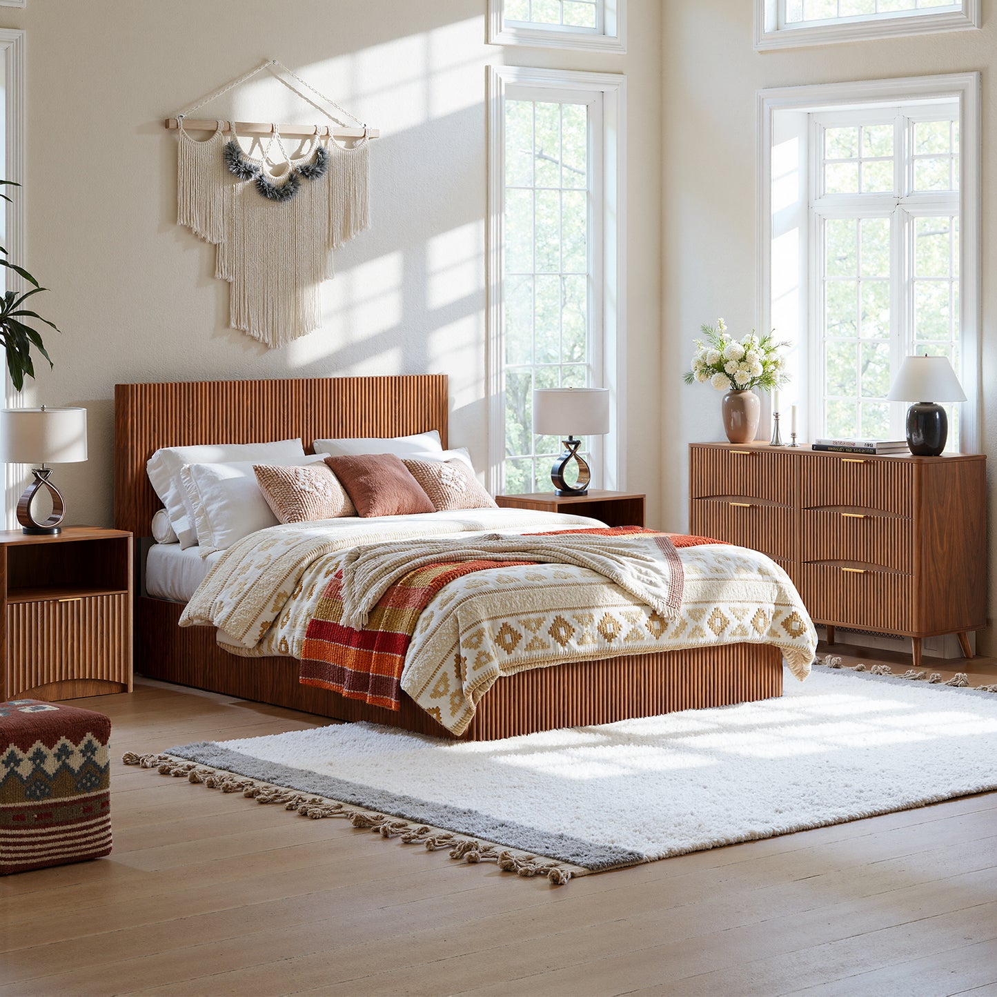 Evermagin Walnut Queen Lift Up Storage Bed Frame, Mid Century Modern Fluted Bed Frame, Wood Hydraulic Queen Size Bedframe with Headboard