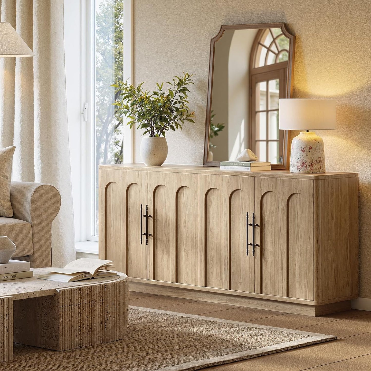 Evermagin 67" Arched Oak Buffet Cabinet with Storage, Large Credenza with 4 Doors, Wood Mid Century Modern Sideboard for Kitchen and Living Room (67"*31.5"*15.7")