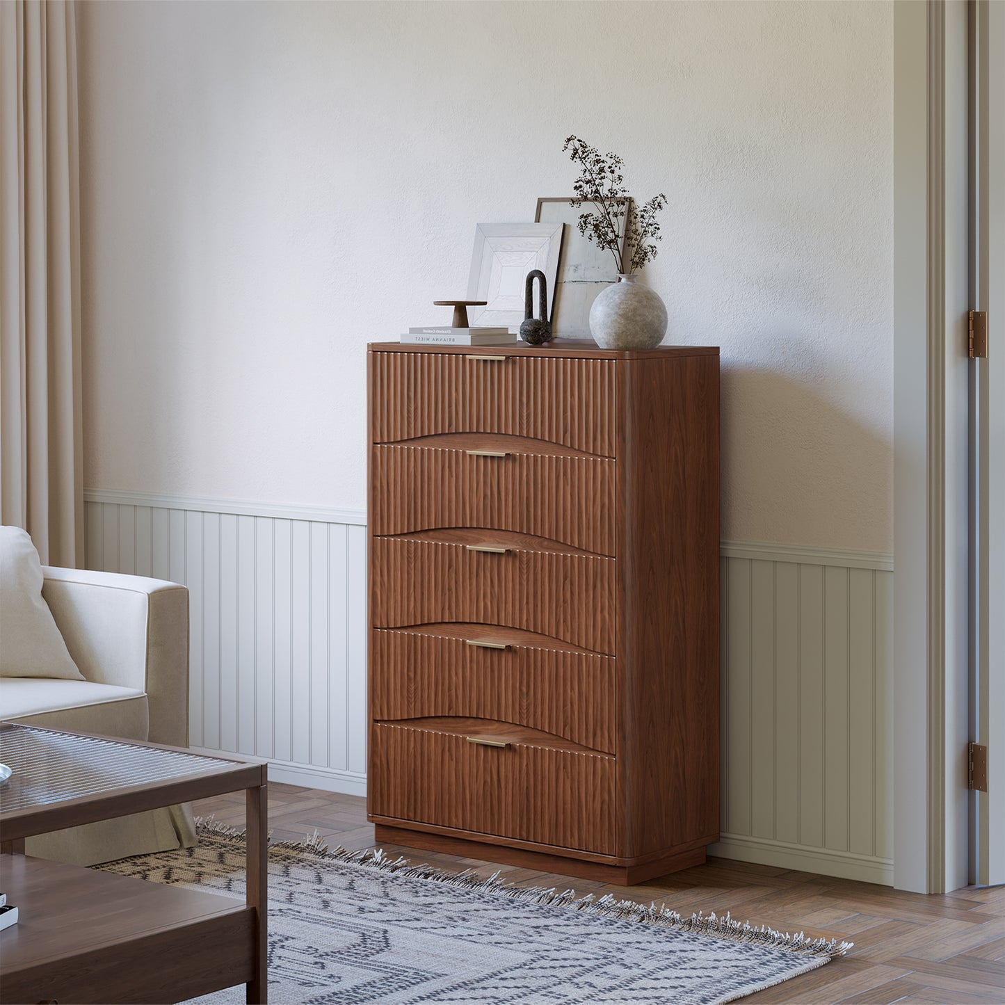 Evermagin Fluted 5 Drawers Dresser, 47" Tall Wooden Dressers Storage Organizer,Modern Chest of Drawers for Bedroom with Deep Storage, Living Room,Entryway, Walnut