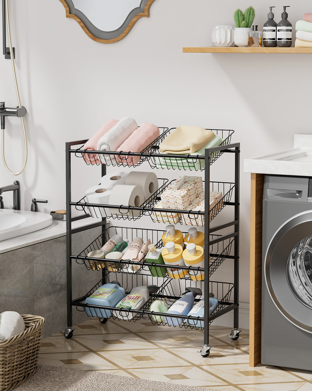 Evermagin Kitchen Storage Cart, Rolling Snack Cart, 25.2''W 4 Tier Fruit Basket Stand, Metal Pantry Storage with Stackable Wire Basket, Black