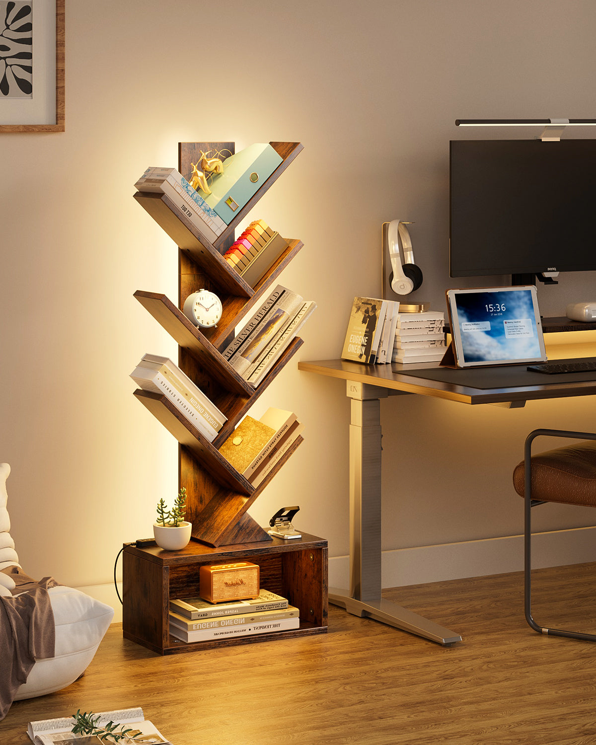 Evermagin 6 Tier Tree Bookshelf with Lights, LED Book Tree Bookcase with Storage Organizer, Small Corner Bookshelf Floor Standing Book Shelf for Living Room, Bedroom & Home Office