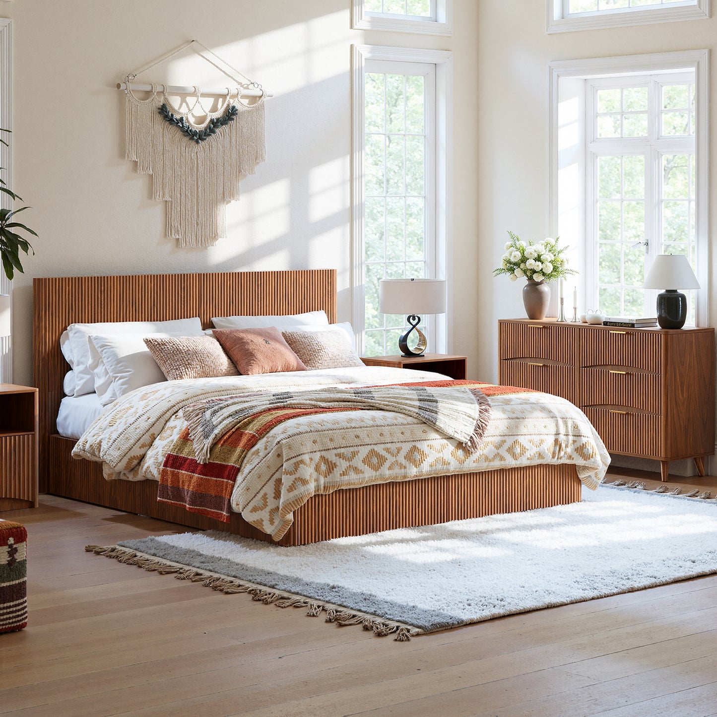 Evermagin Walnut King Lift Up Storage Bed Frame, Mid Century Modern Fluted Bed Frame, Wood Hydraulic King Size Bedframe with Headboard