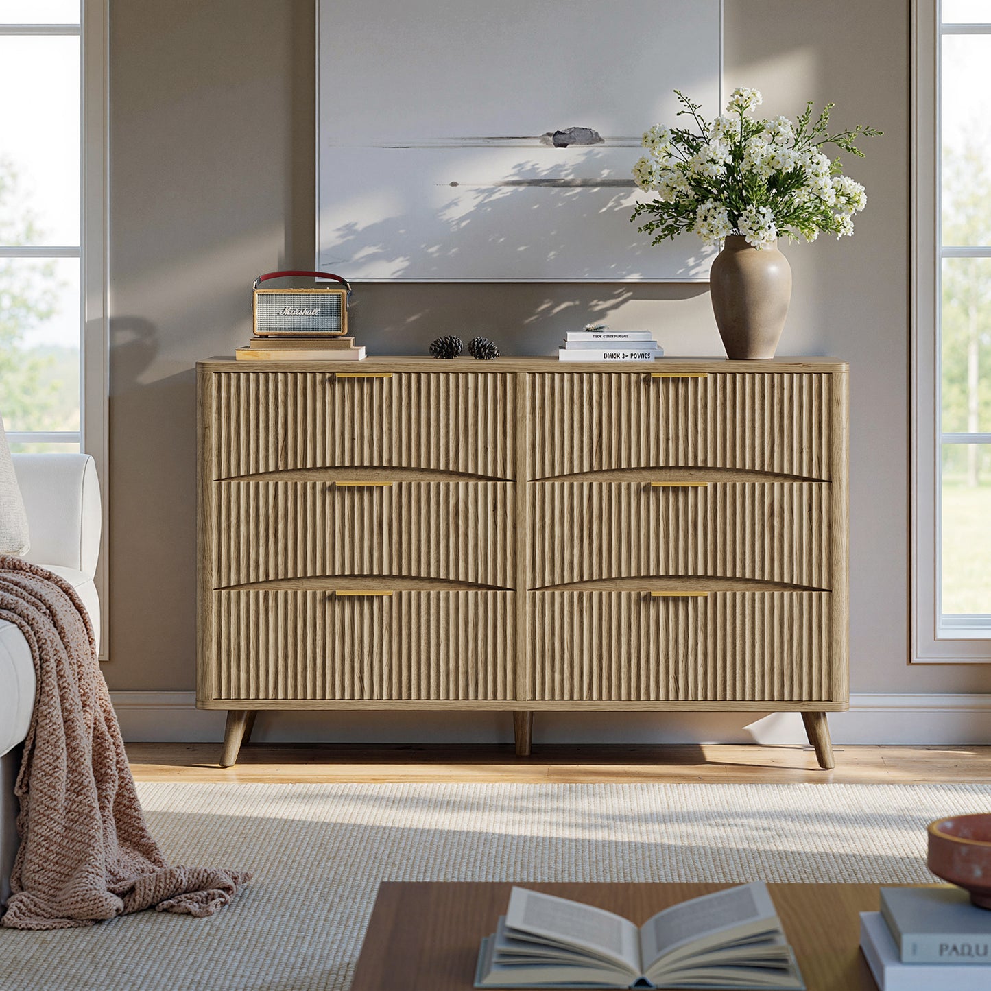 Evermagin 54" Wide Fluted 6 Drawer Dresser, Mid Century Modern Curved Dresser, Light Wood Chest of Drawers for Bedroom, Living Room and Entryway, Natural Oak