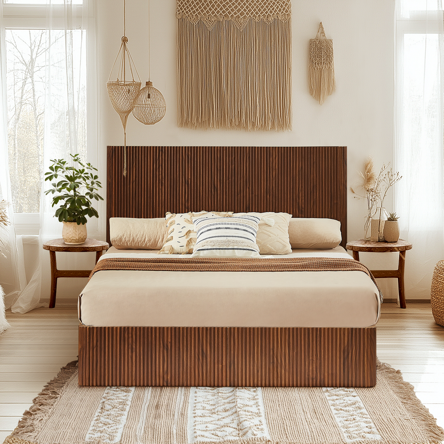 Walnut Queen Floating Bed Frame with led Lights, Mid Century Modern Fluted Floating Platform Bed No Headboard, Heavy Duty Metal Float Bedframe No Box Spring Needed