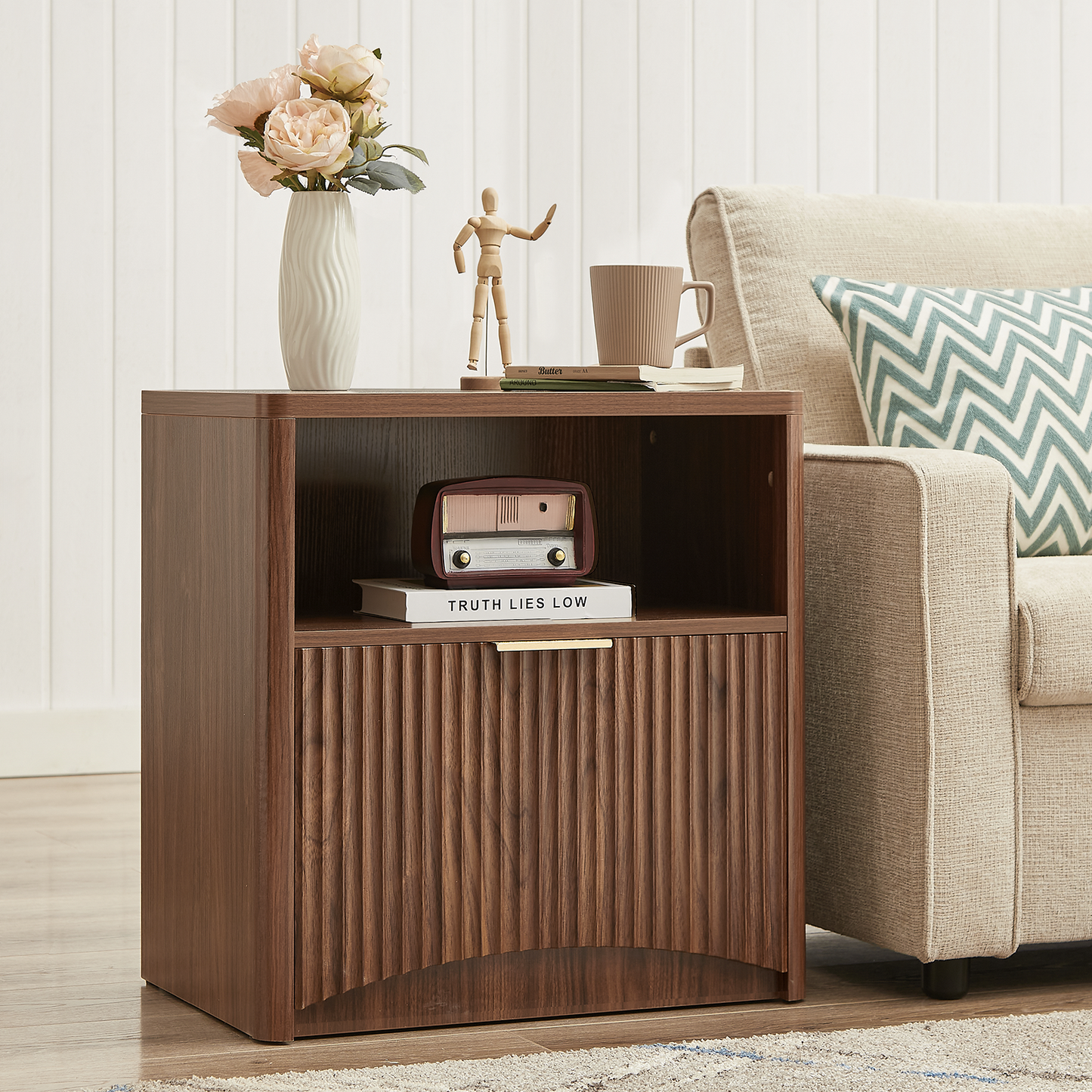 Fluted Nightstand Set of 2, Natural Oak Bedside Table with Drawer and Storage, Wood End Table Mid Century Modern, Large Night Stand for Bedroom