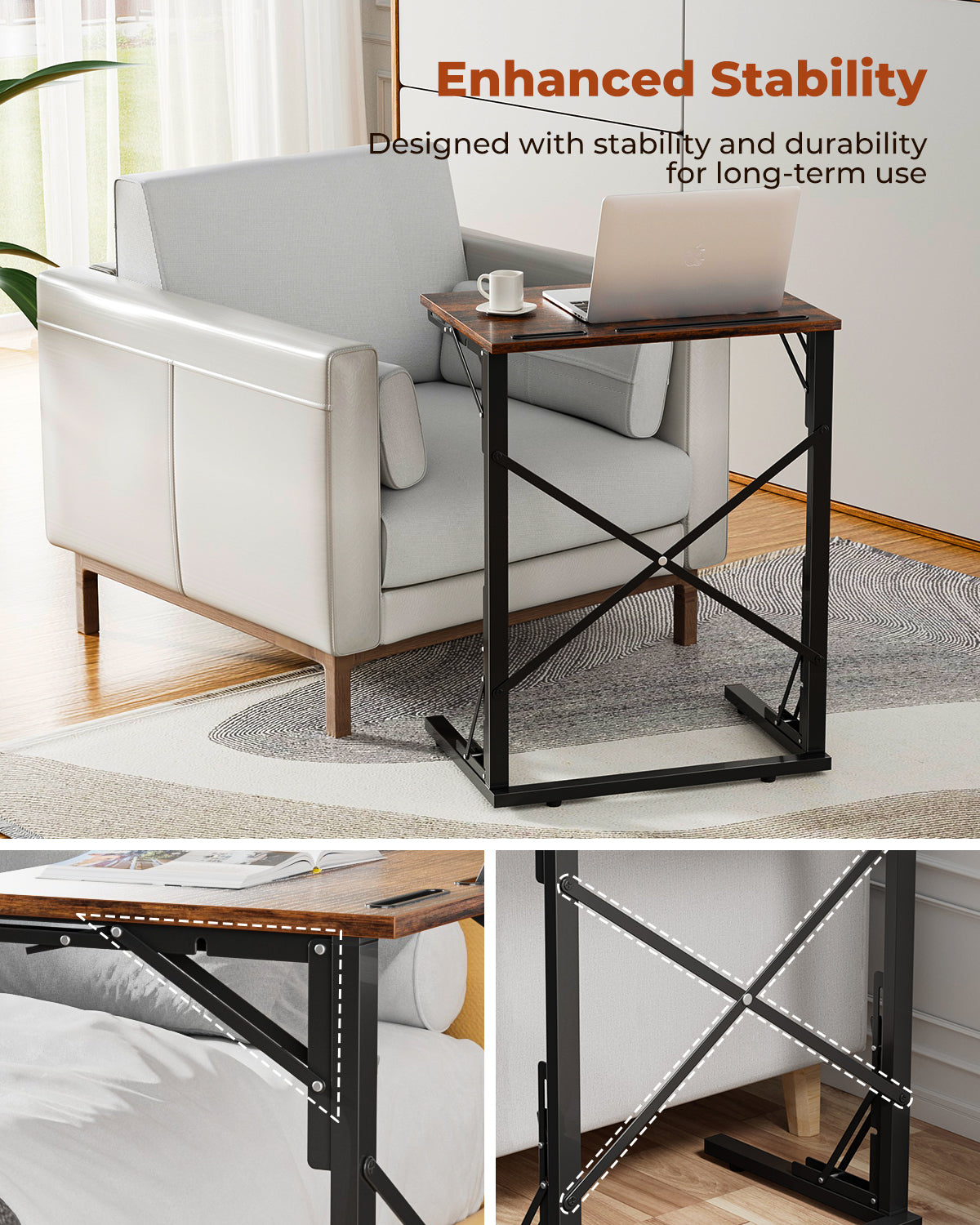 Folding TV Tray, Small Foldable C-Shaped End Table for Eating with Tablet and Phone Slots, Slide Under Couch Side Table for Recliner, Living Room, Bedroom, Rustic Brown