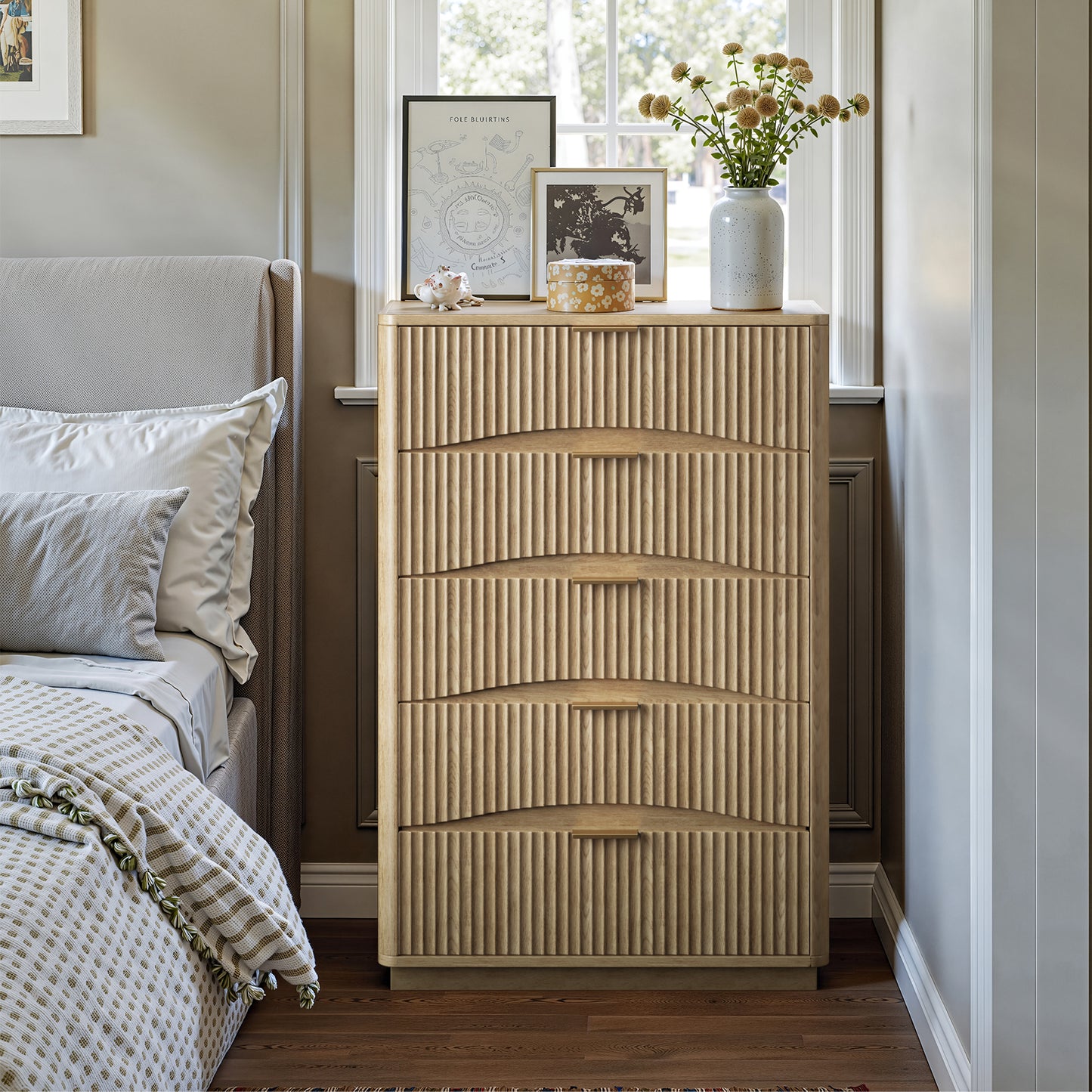 Evermagin Fluted 5 Drawers Dresser, 47" Tall Wooden Dressers Storage Organizer,Modern Chest of Drawers for Bedroom with Deep Storage, Living Room,Entryway, Natural Oak