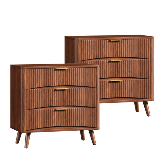 31.5W×29“H Large Fluted Nightstands Set of 2, 3 Drawer Light Wood Night Stand Bedside Table, Mid Century Modern Small Dresser for Bedroom, Natural Oak