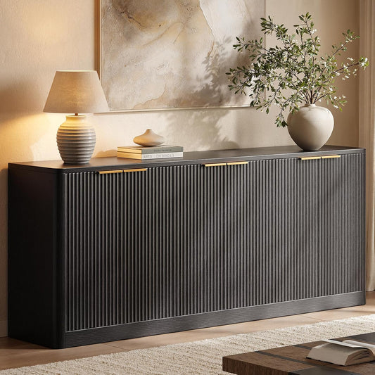 Evermagin 67" Fluted Black Buffet Cabinet Sideboard with Storage, Large Credenza with 6 Doors, Wood Mid Century Modern Sideboard for Kitchen and Living Room (67"*31.5"*15.7")