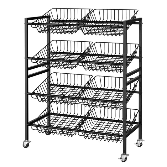 Evermagin Kitchen Storage Cart, Rolling Snack Cart, 25.2''W 4 Tier Fruit Basket Stand, Metal Pantry Storage with Stackable Wire Basket, Black