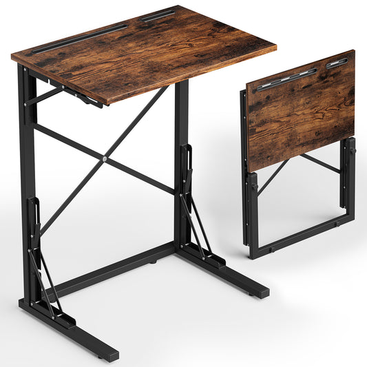 Folding TV Tray, Small Foldable C-Shaped End Table for Eating with Tablet and Phone Slots, Slide Under Couch Side Table for Recliner, Living Room, Bedroom, Rustic Brown