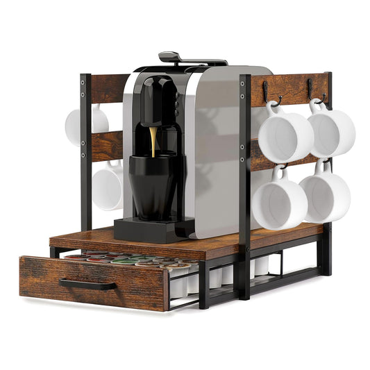 Evermagin K Cup Holder, 35 Pod Capacity, Coffee Pod Holder Compatible with Keurig, Coffee Station Organizer for Countertop with Cup Rack, Rustic Brown