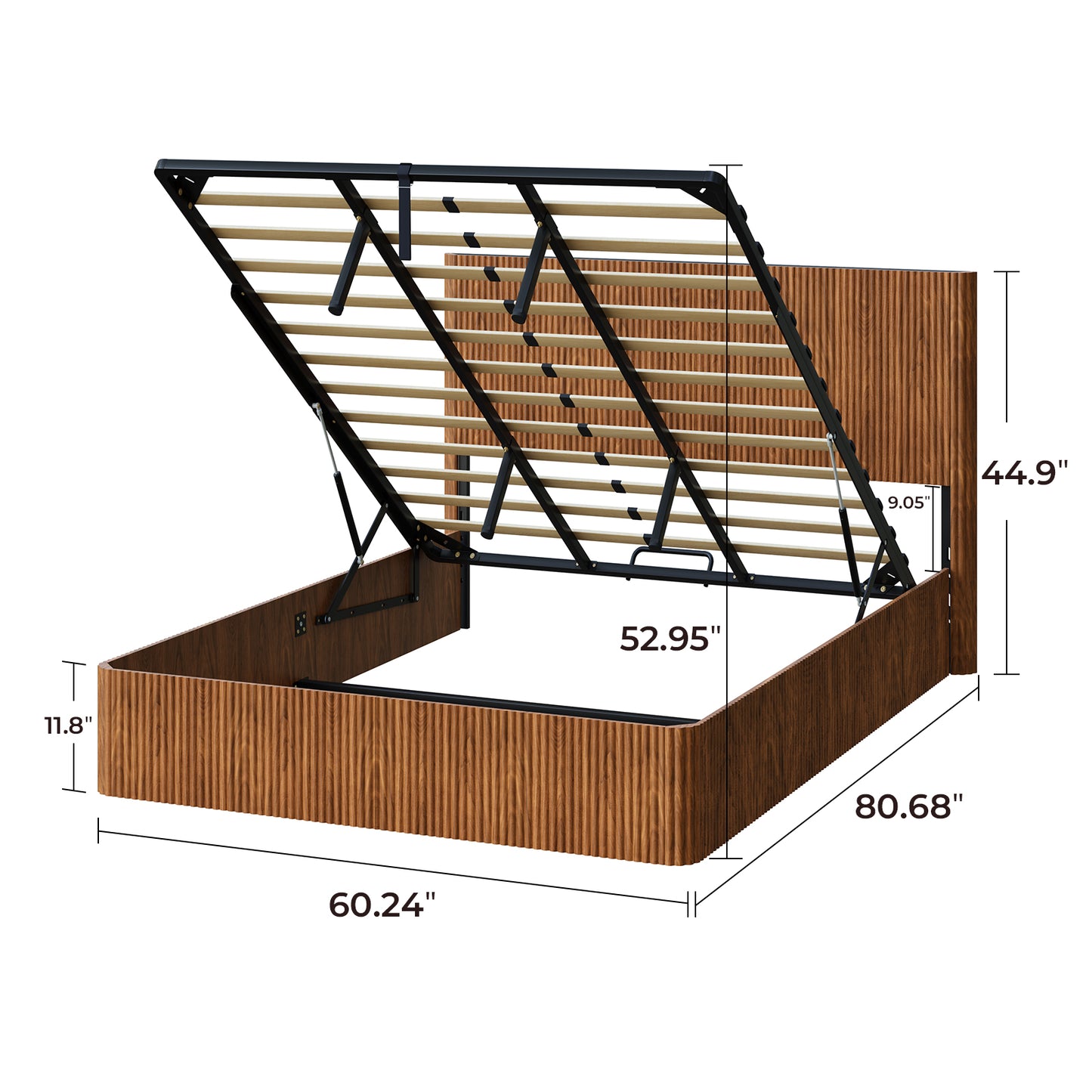 Evermagin Walnut Queen Lift Up Storage Bed Frame, Mid Century Modern Fluted Bed Frame, Wood Hydraulic Queen Size Bedframe with Headboard