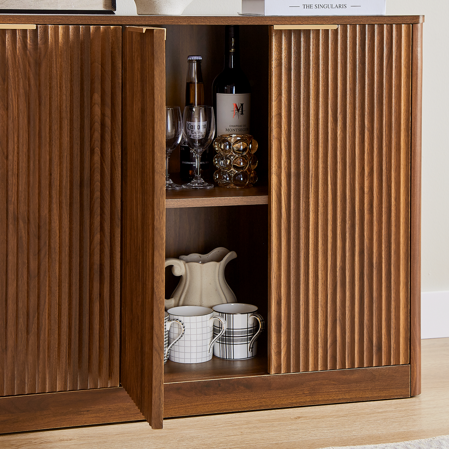 Evermagin 67" Fluted Walnut Buffet Cabinet Sideboard with Storage, Large Credenza with 6 Doors, Wood Mid Century Modern Sideboard for Kitchen and Living Room