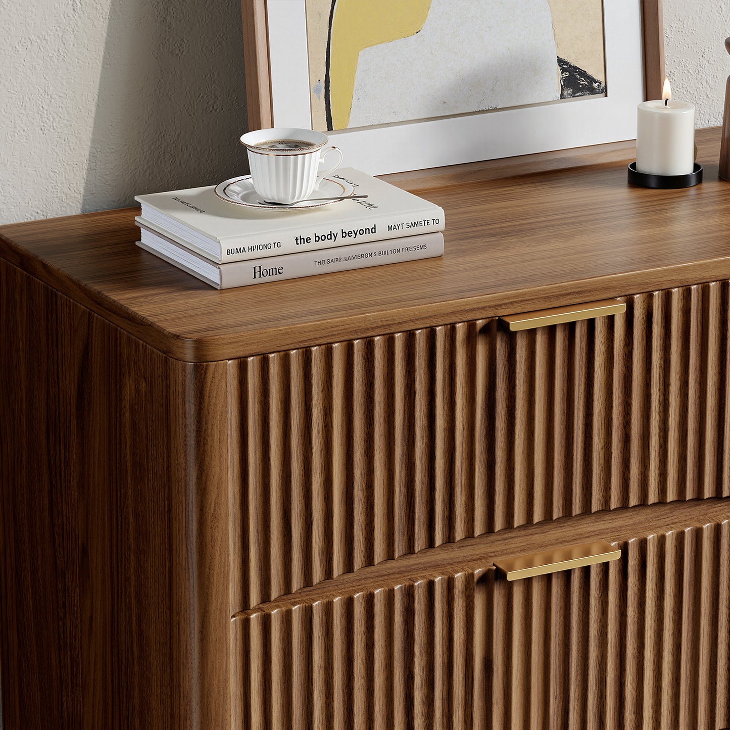 Evermagin 54" Wide Fluted 6 Drawer Dresser, Mid Century Modern Curved Dresser, Light Wood Chest of Drawers for Bedroom, Living Room and Entryway, Walnut