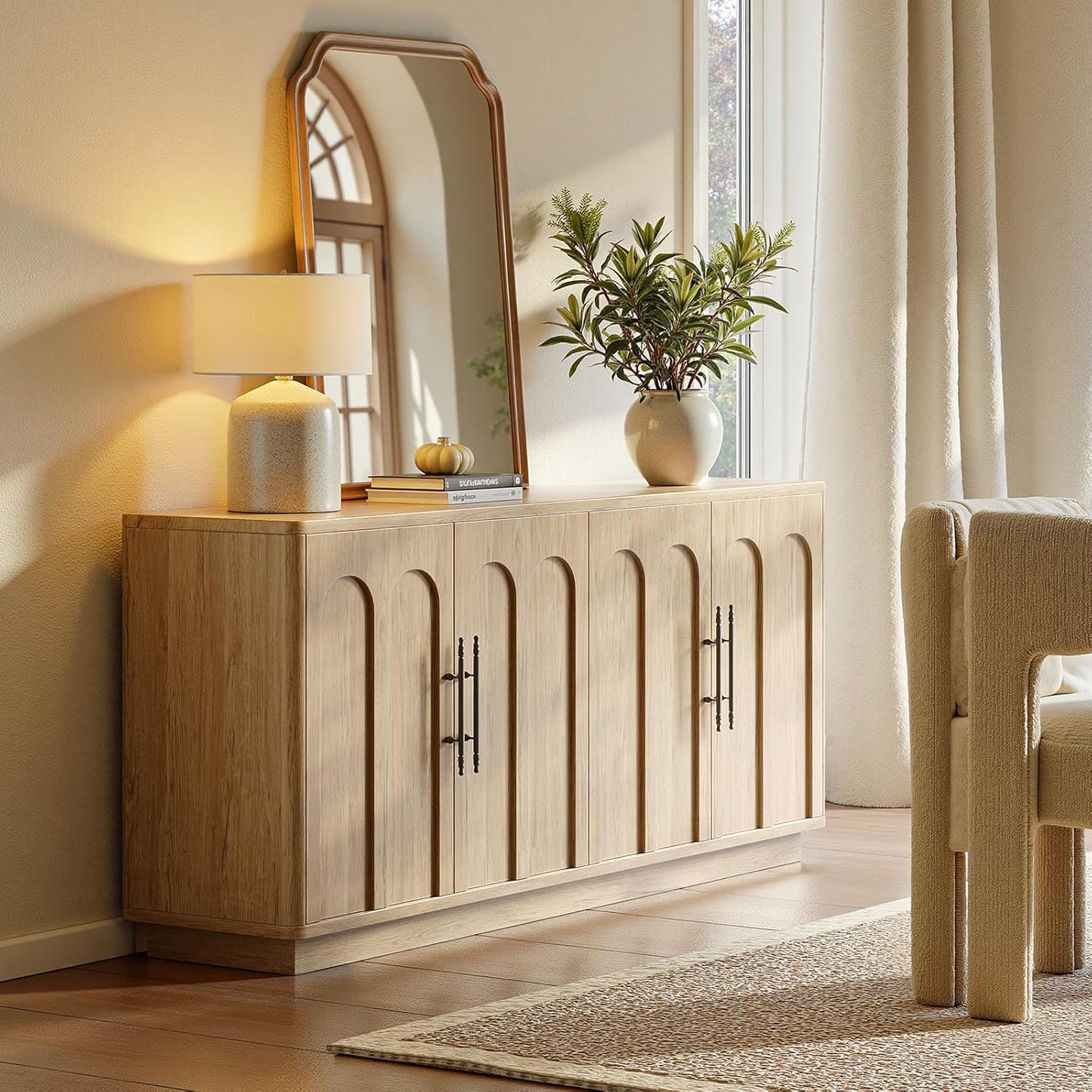 Evermagin 67" Arched Oak Buffet Cabinet with Storage, Large Credenza with 4 Doors, Wood Mid Century Modern Sideboard for Kitchen and Living Room (67"*31.5"*15.7")