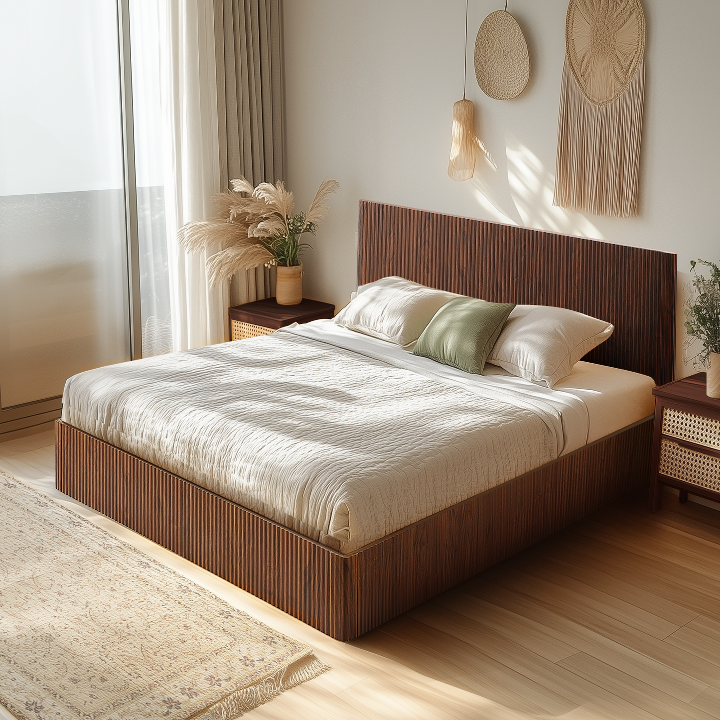 Walnut Queen Floating Bed Frame with led Lights, Mid Century Modern Fluted Floating Platform Bed No Headboard, Heavy Duty Metal Float Bedframe No Box Spring Needed
