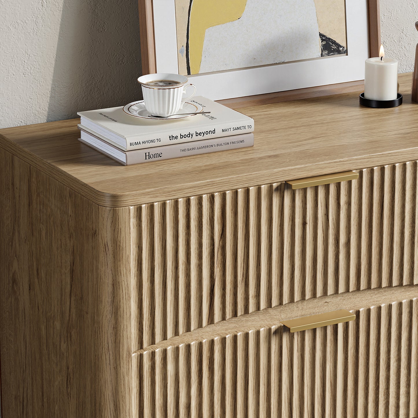 Evermagin 54" Wide Fluted 6 Drawer Dresser, Mid Century Modern Curved Dresser, Light Wood Chest of Drawers for Bedroom, Living Room and Entryway, Natural Oak