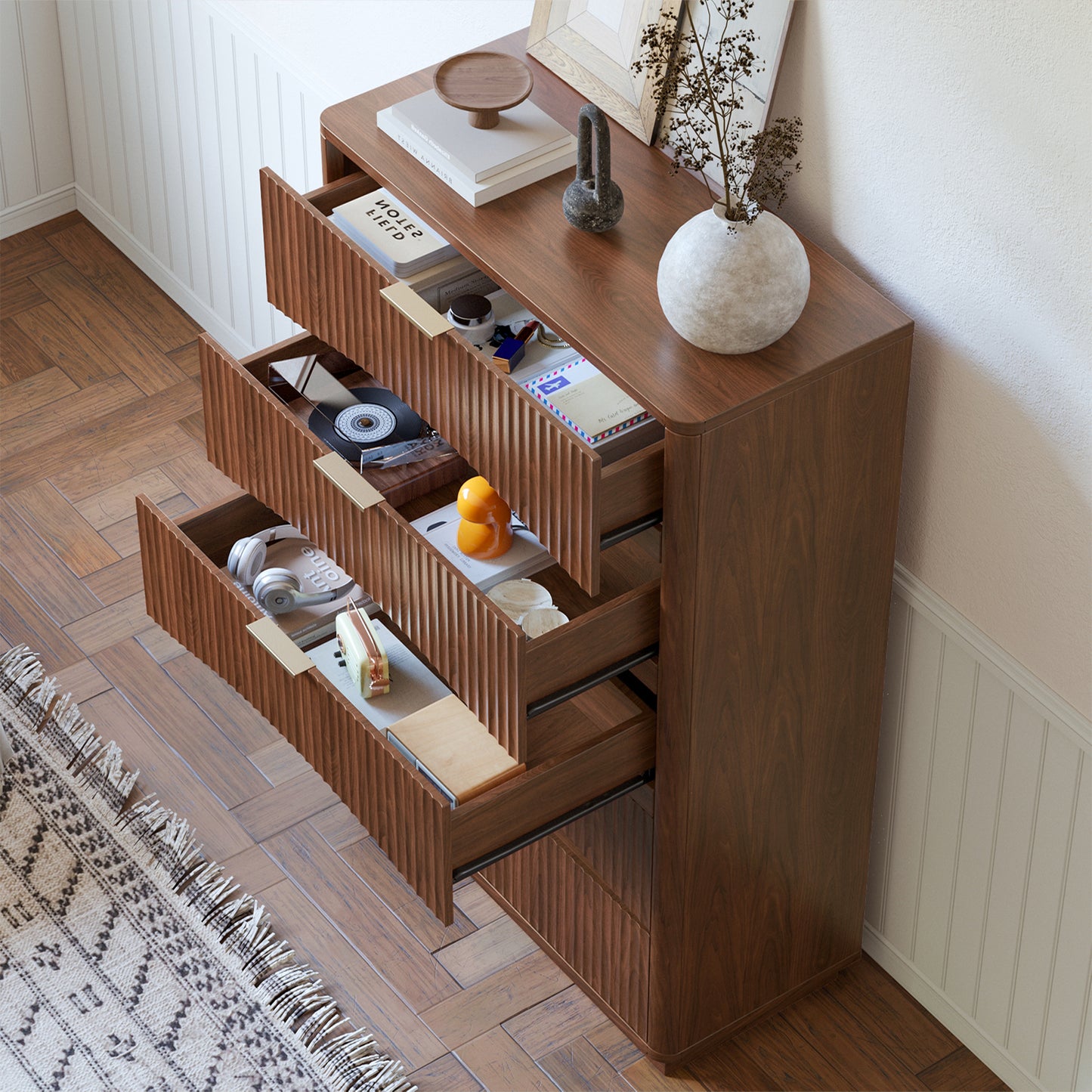 Evermagin Fluted 5 Drawers Dresser, 47" Tall Wooden Dressers Storage Organizer,Modern Chest of Drawers for Bedroom with Deep Storage, Living Room,Entryway, Walnut