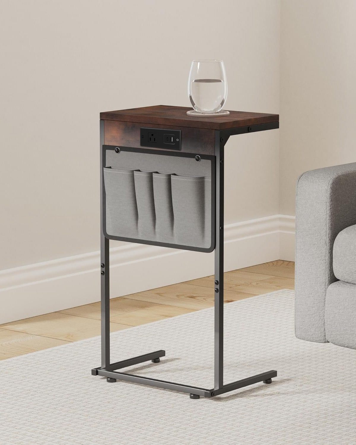 Evermagin C Shaped End Table with Charging Station, Small Side Table with Storage Bag for Couch and Recliner, Slide Under Sofa Tray for Living Room, Bedroom