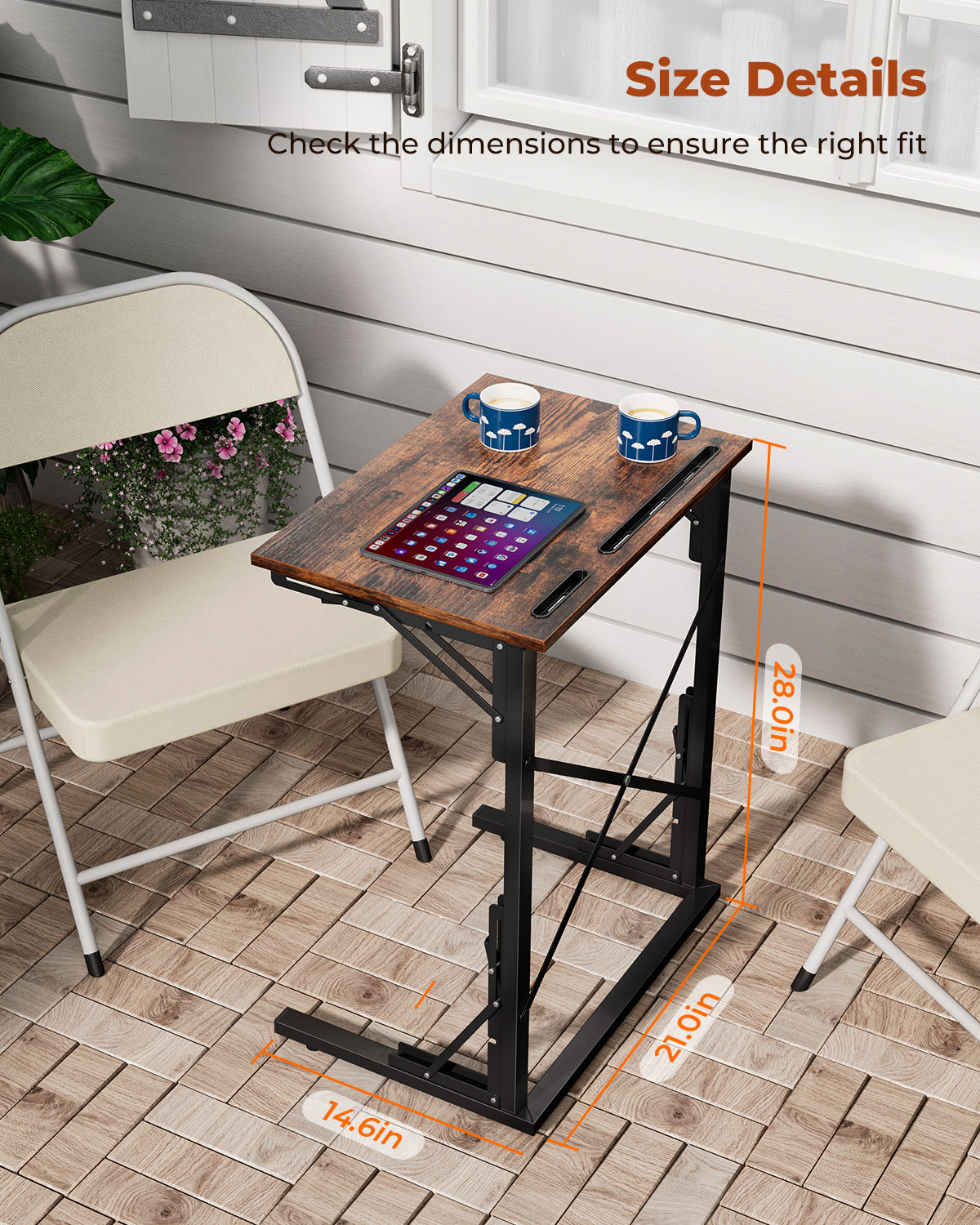 Folding TV Tray, Small Foldable C-Shaped End Table for Eating with Tablet and Phone Slots, Slide Under Couch Side Table for Recliner, Living Room, Bedroom, Rustic Brown