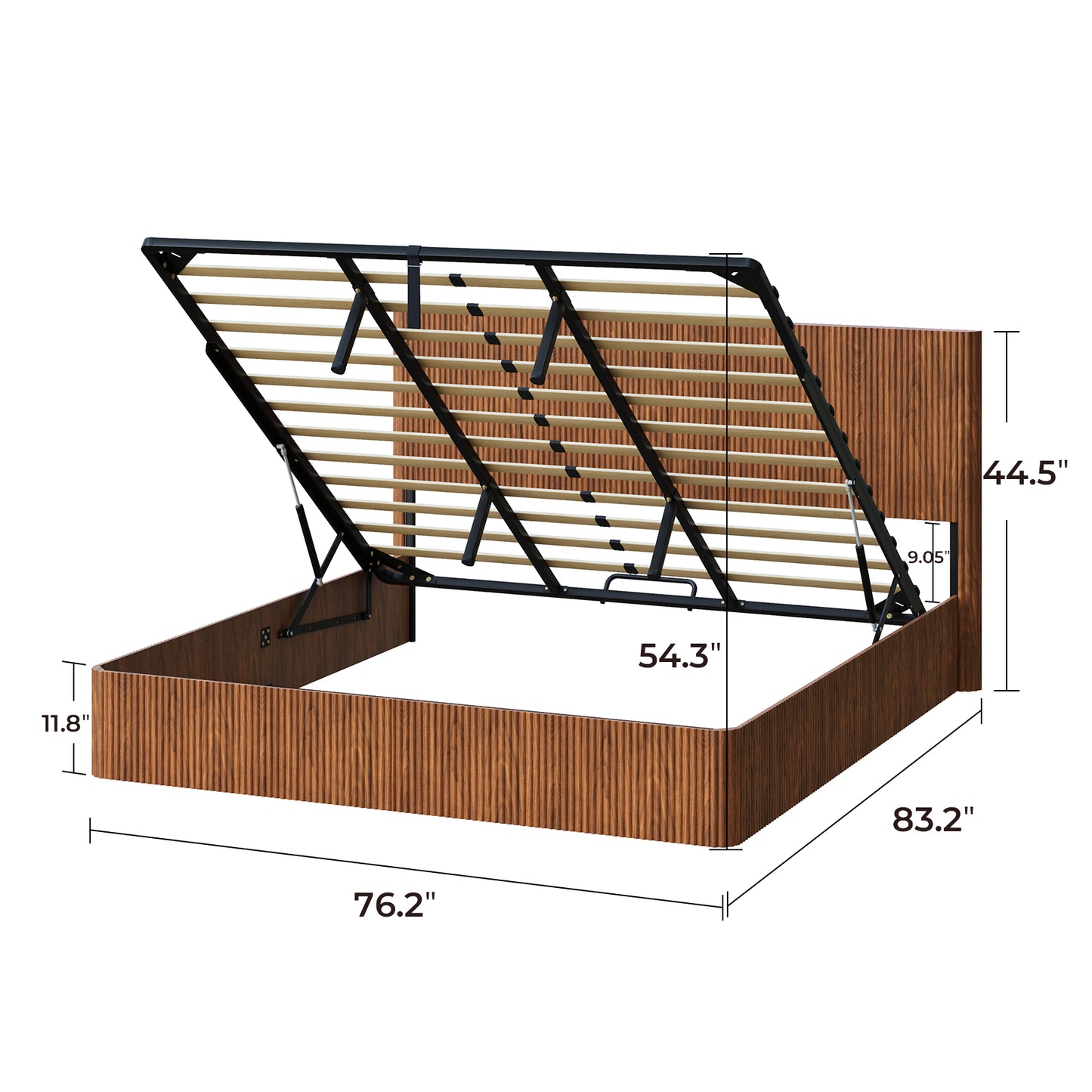 Evermagin Walnut King Lift Up Storage Bed Frame, Mid Century Modern Fluted Bed Frame, Wood Hydraulic King Size Bedframe with Headboard