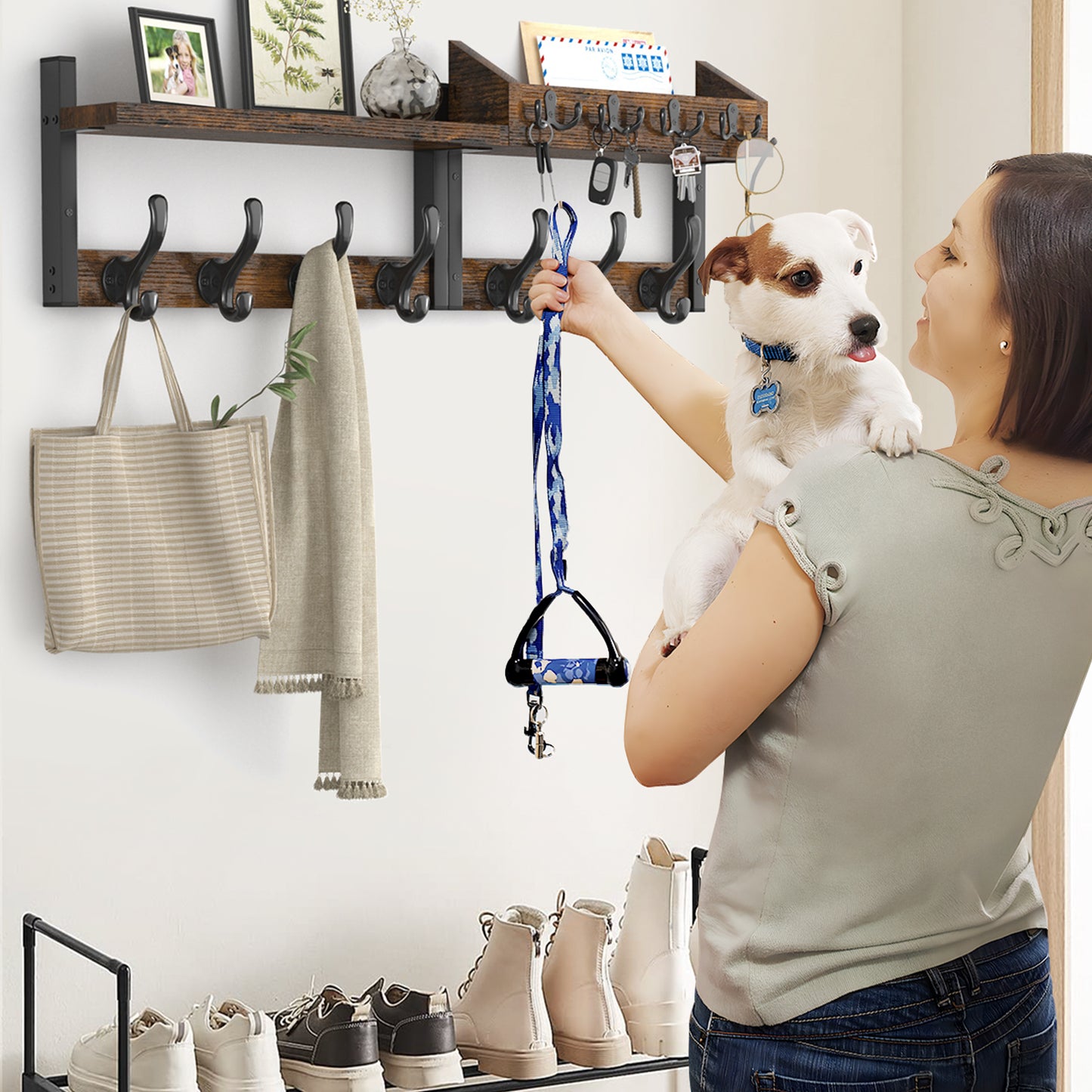 Evermagin 29" Coat Rack Wall Mount with Shelf, 4 in 1 Coat and Key Hanger with 11 Metal Hooks, Entryway Wall Mounted Shelf with Mail Holder for Living Room, Bedroom