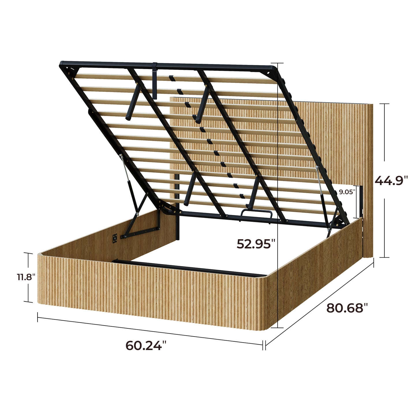 Evermagin Natural Queen Lift Up Storage Bed Frame, Mid Century Modern Fluted Bed Frame, Wood Hydraulic Queen Size Bedframe with Headboard
