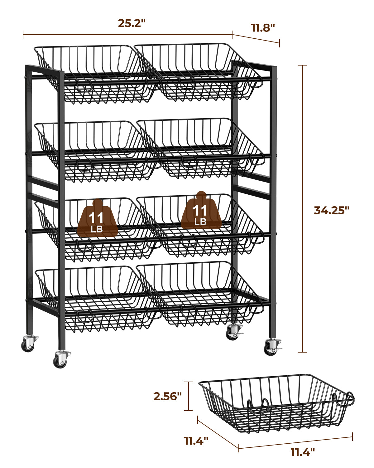 Evermagin Kitchen Storage Cart, Rolling Snack Cart, 25.2''W 4 Tier Fruit Basket Stand, Metal Pantry Storage with Stackable Wire Basket, Black