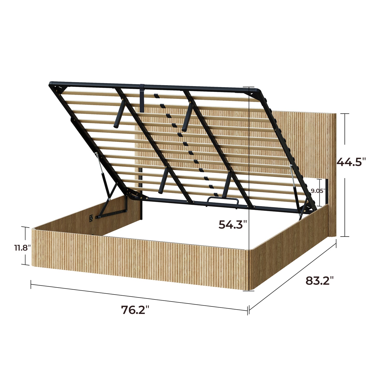 Evermagin Natural King Lift Up Storage Bed Frame, Mid Century Modern Fluted Bed Frame, Wood Hydraulic King Size Bedframe with Headboard