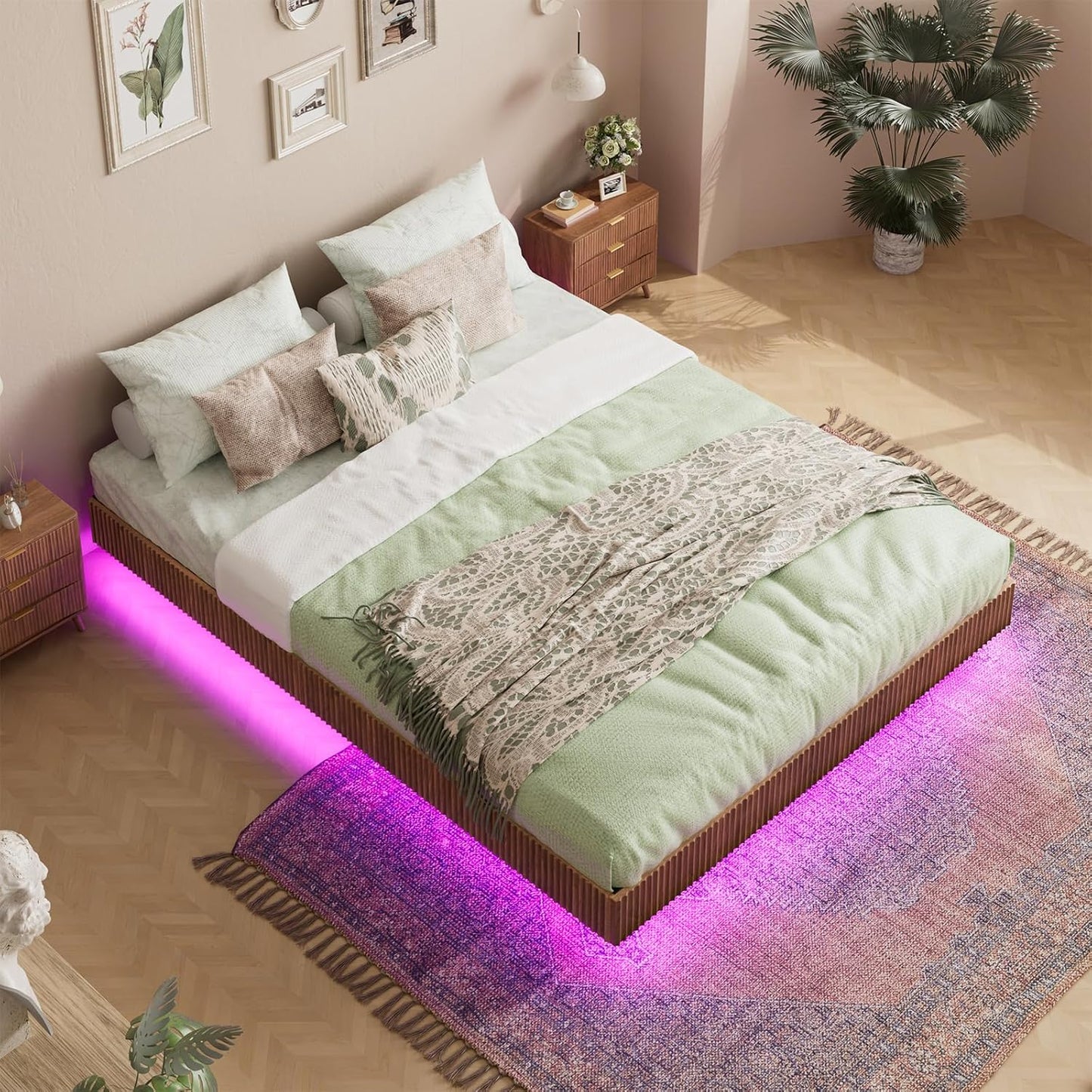 Walnut Queen Floating Bed Frame with led Lights, Mid Century Modern Fluted Floating Platform Bed No Headboard, Heavy Duty Metal Float Bedframe No Box Spring Needed