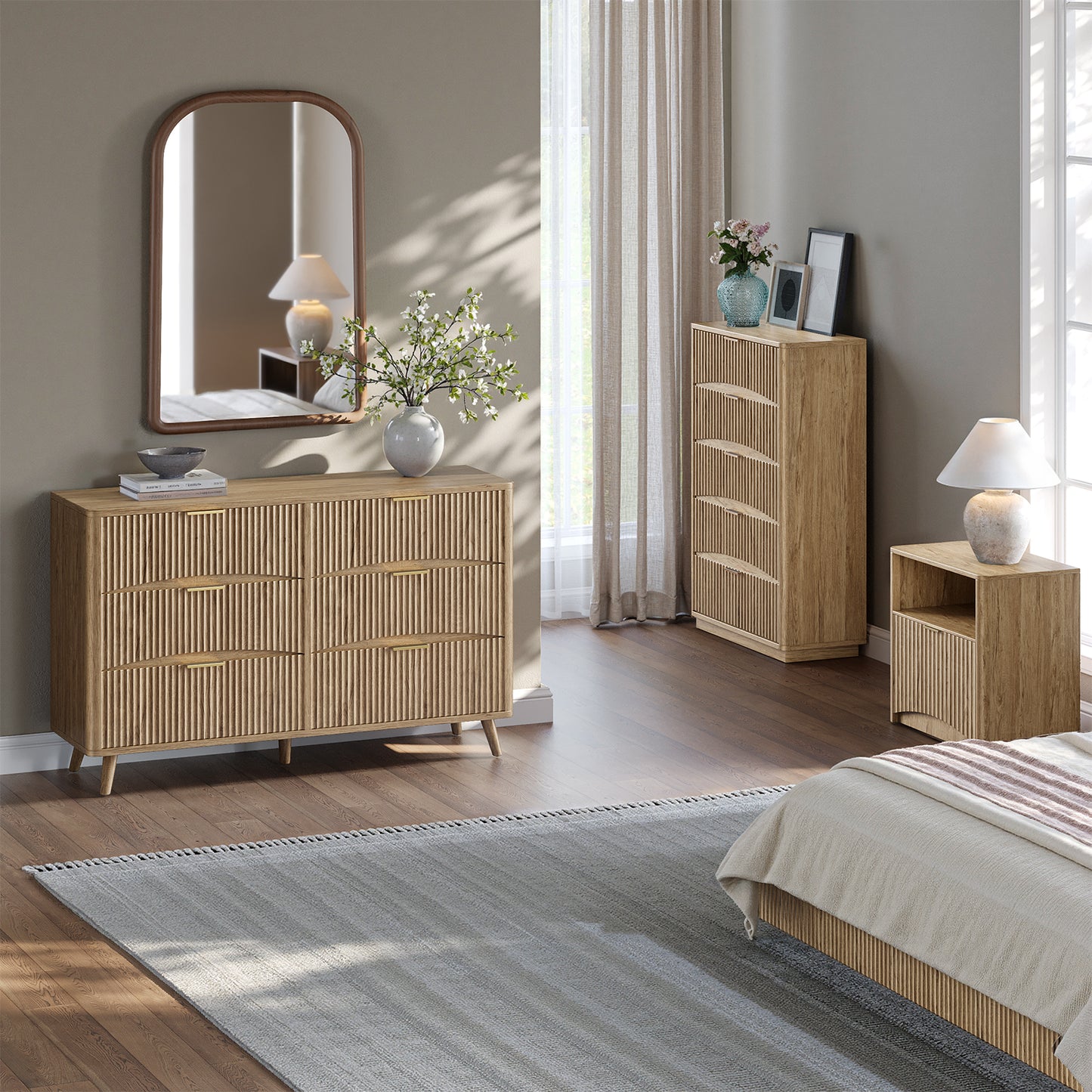 Evermagin 54" Wide Fluted 6 Drawer Dresser, Mid Century Modern Curved Dresser, Light Wood Chest of Drawers for Bedroom, Living Room and Entryway, Natural Oak