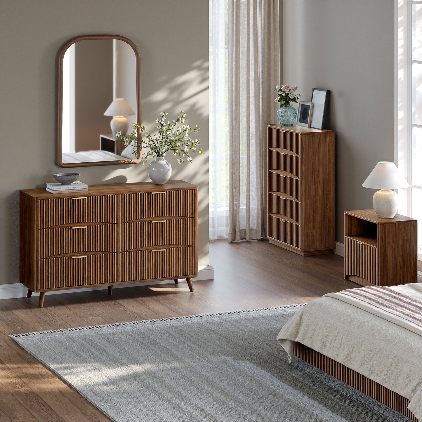 Evermagin 54" Wide Fluted 6 Drawer Dresser, Mid Century Modern Curved Dresser, Light Wood Chest of Drawers for Bedroom, Living Room and Entryway, Walnut