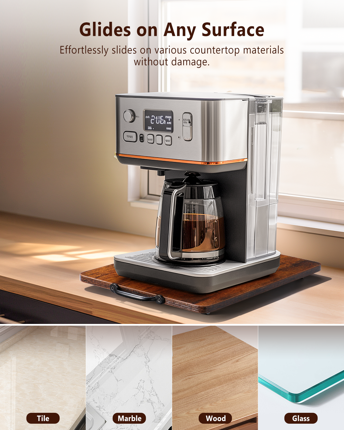 Evermagin Appliance Slider, Sliding Tray for Coffee Maker, Coffee Pot Slider for Countertop, Kitchen Appliance Rolling Tray with Rubber Wheels (Rustic Brown, Large - Wide (16" X 12.5"))