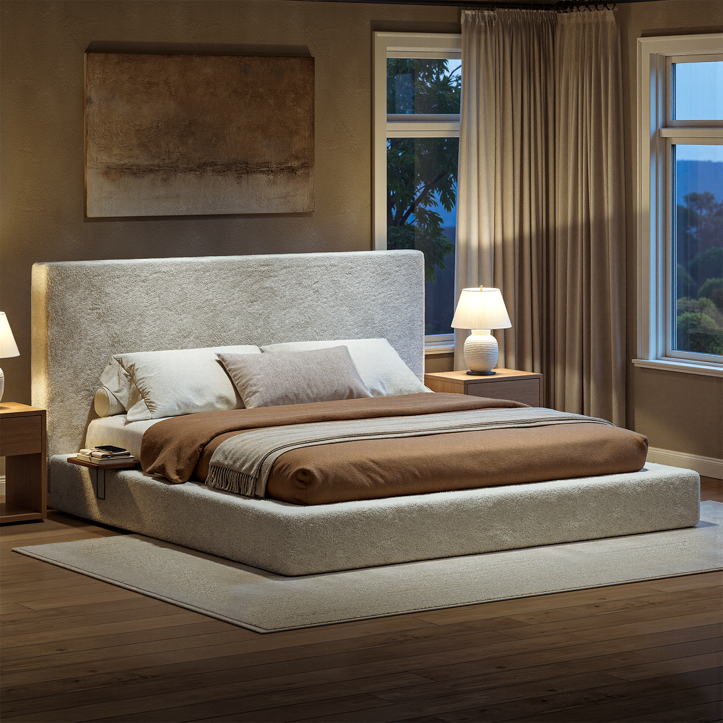 Evermagin White King Upholstered Bed Frame with Headboard,Soft Frame Cloud Bed with Adjust 2 Bedside Table,Modern Platform Cushion Bed Frame for Bedroom,No Box Spring Required, Easy Assembly