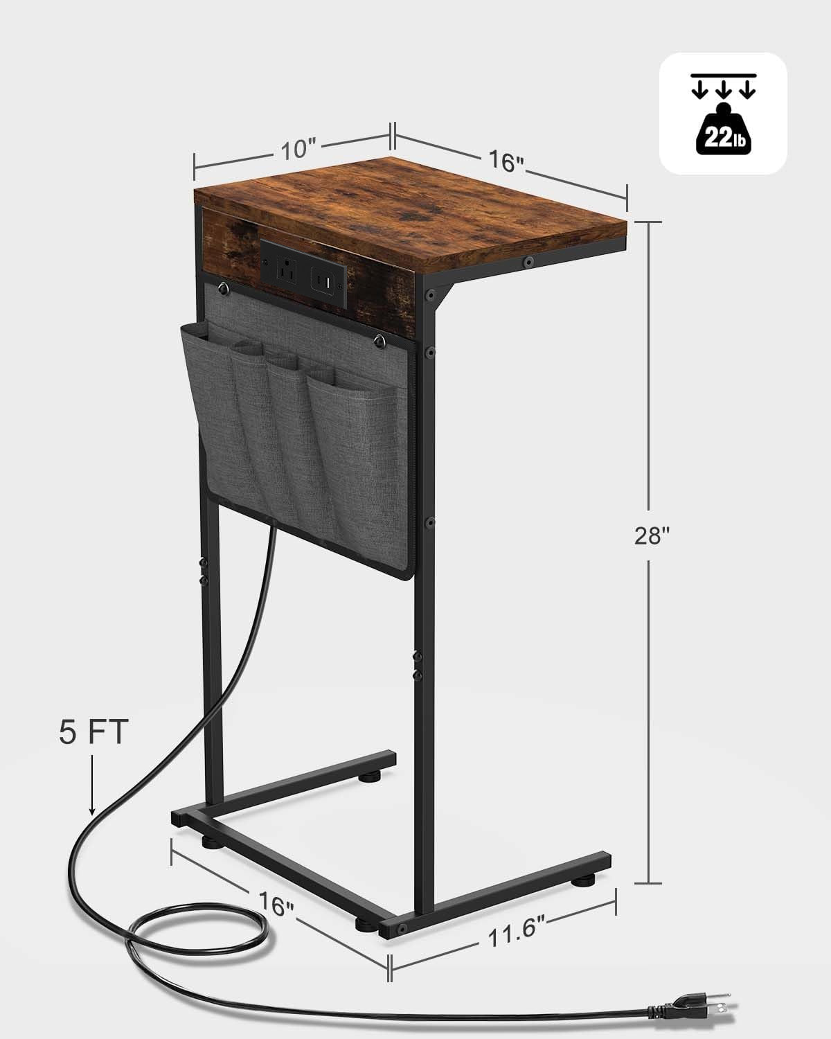 Evermagin C Shaped End Table with Charging Station, Small Side Table with Storage Bag for Couch and Recliner, Slide Under Sofa Tray for Living Room, Bedroom