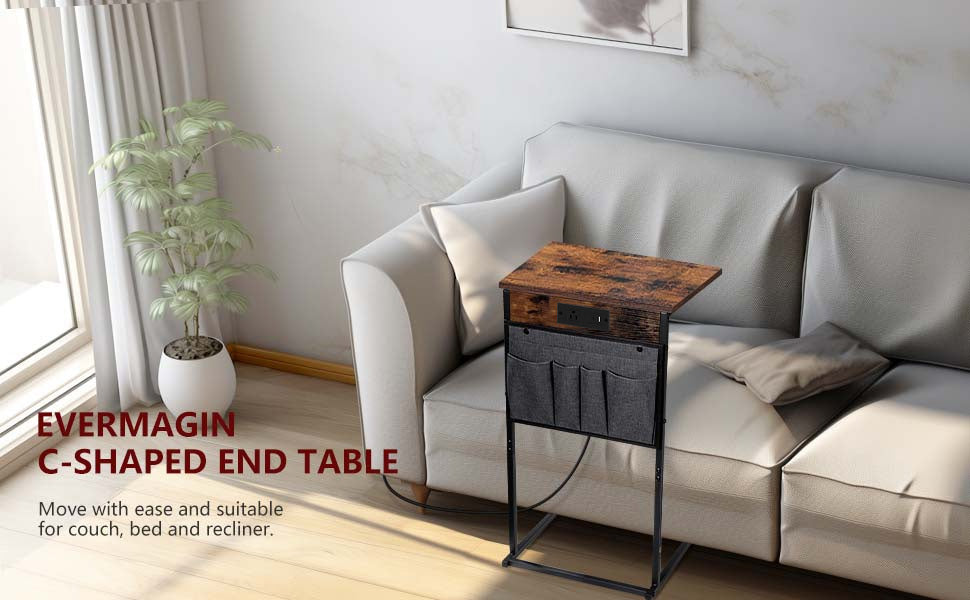 Evermagin C Shaped End Table with Charging Station, Small Side Table with Storage Bag for Couch and Recliner, Slide Under Sofa Tray for Living Room, Bedroom