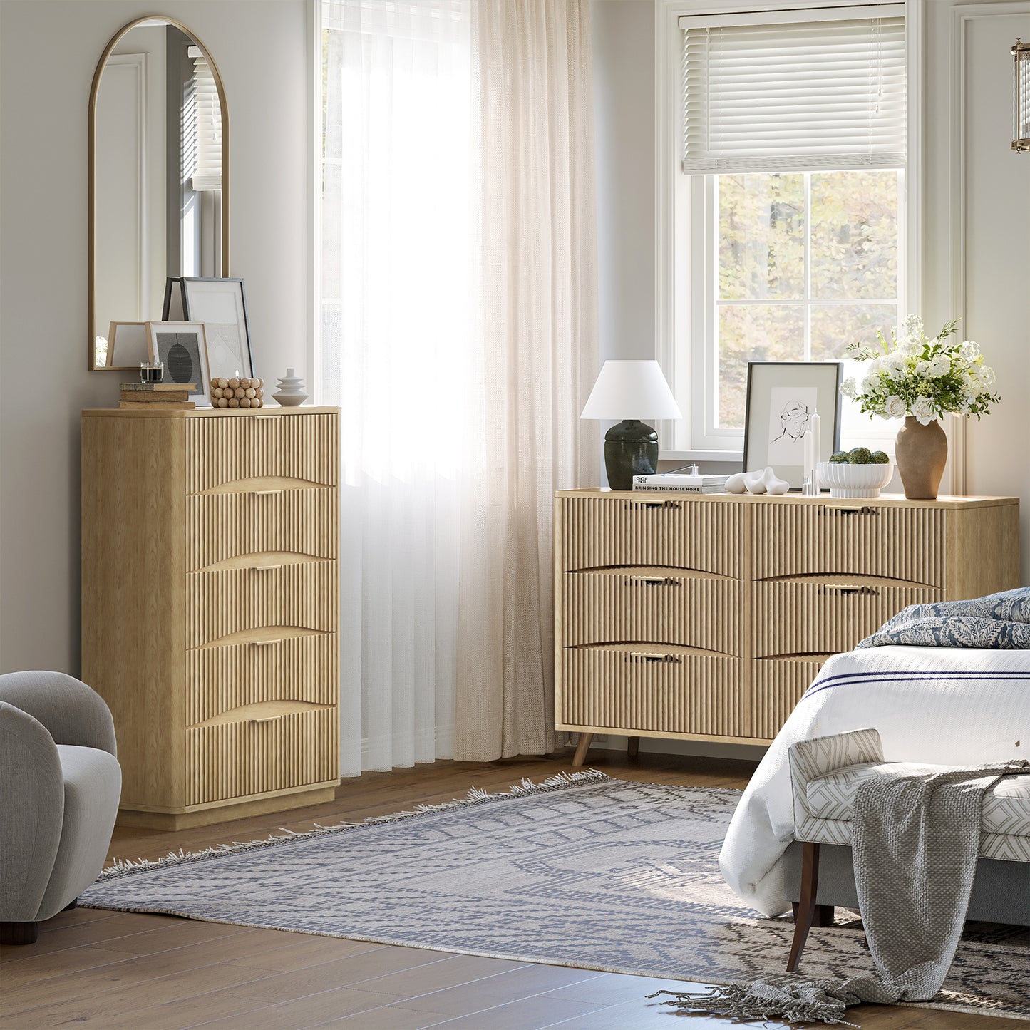 Evermagin Fluted 5 Drawers Dresser, 47" Tall Wooden Dressers Storage Organizer,Modern Chest of Drawers for Bedroom with Deep Storage, Living Room,Entryway, Natural Oak