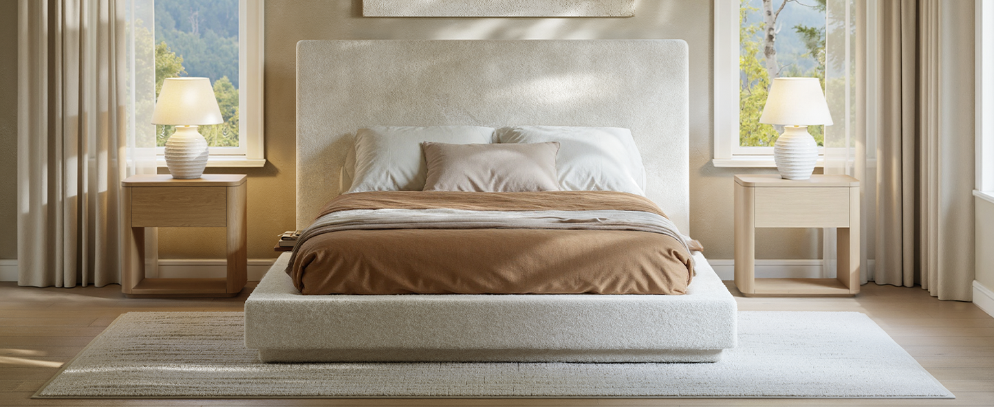 Evermagin White King Upholstered Bed Frame with Headboard,Soft Frame Cloud Bed with Adjust 2 Bedside Table,Modern Platform Cushion Bed Frame for Bedroom,No Box Spring Required, Easy Assembly