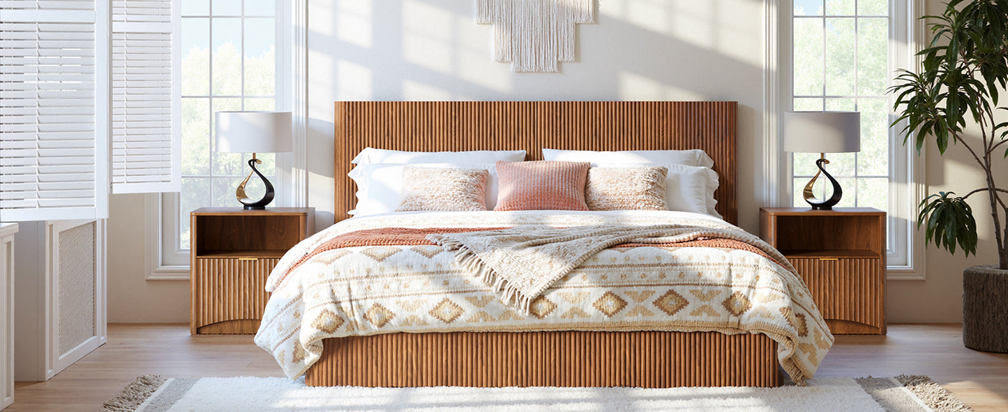 Evermagin Walnut King Lift Up Storage Bed Frame, Mid Century Modern Fluted Bed Frame, Wood Hydraulic King Size Bedframe with Headboard