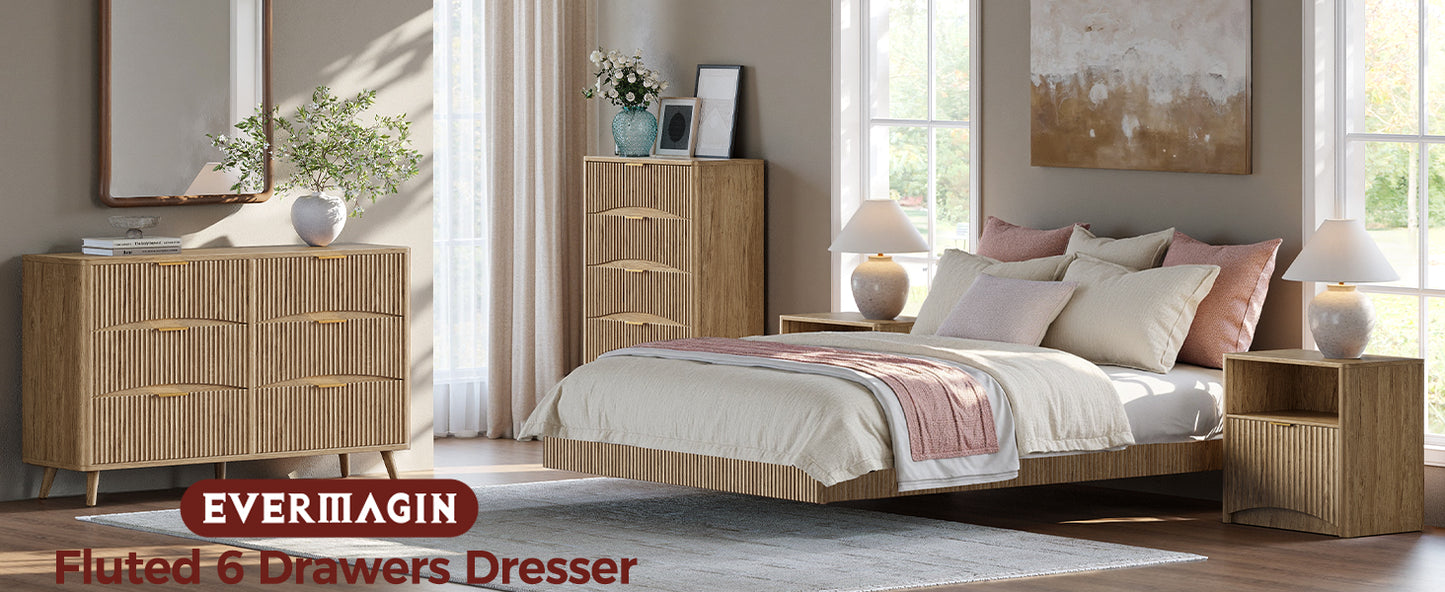 Evermagin 54" Wide Fluted 6 Drawer Dresser, Mid Century Modern Curved Dresser, Light Wood Chest of Drawers for Bedroom, Living Room and Entryway, Natural Oak