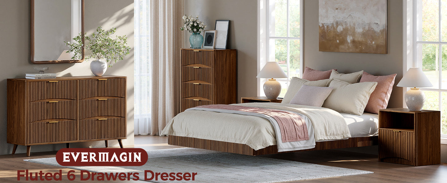 Evermagin 54" Wide Fluted 6 Drawer Dresser, Mid Century Modern Curved Dresser, Light Wood Chest of Drawers for Bedroom, Living Room and Entryway, Walnut