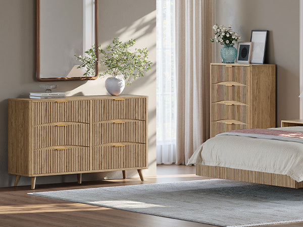 Evermagin 54" Wide Fluted 6 Drawer Dresser, Mid Century Modern Curved Dresser, Light Wood Chest of Drawers for Bedroom, Living Room and Entryway, Natural Oak