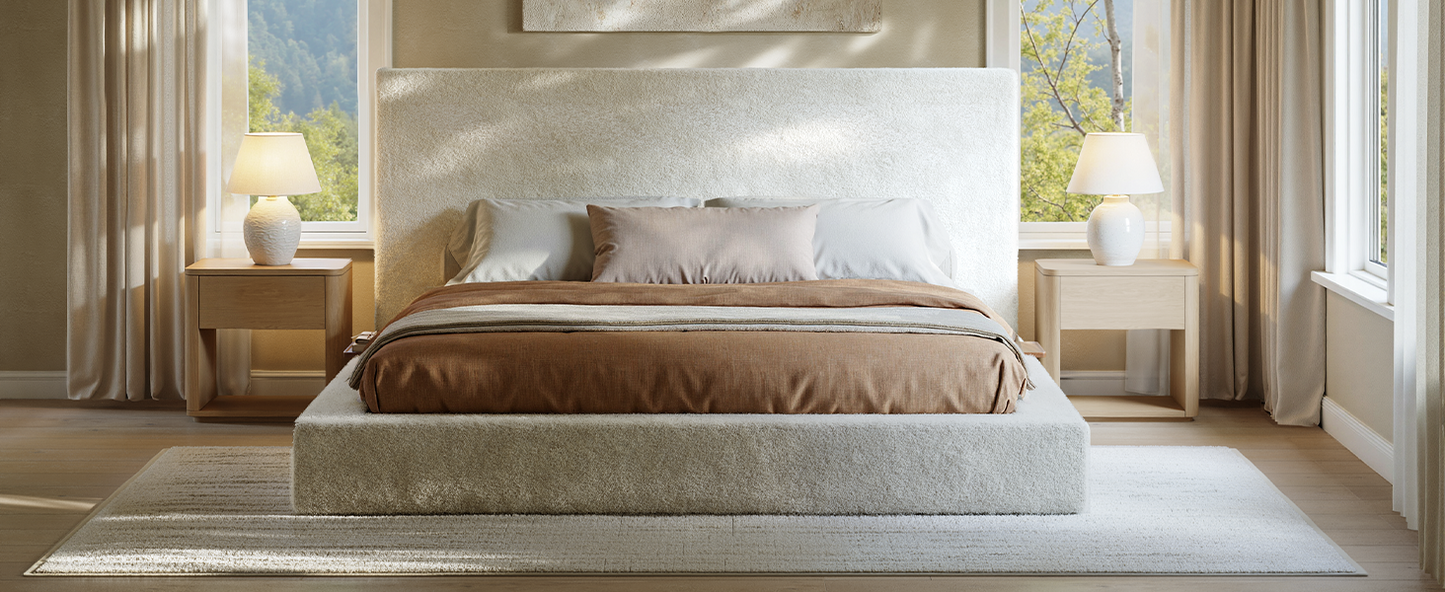 Evermagin White King Upholstered Bed Frame with Headboard,Soft Frame Cloud Bed with Adjust 2 Bedside Table,Modern Platform Cushion Bed Frame for Bedroom,No Box Spring Required, Easy Assembly